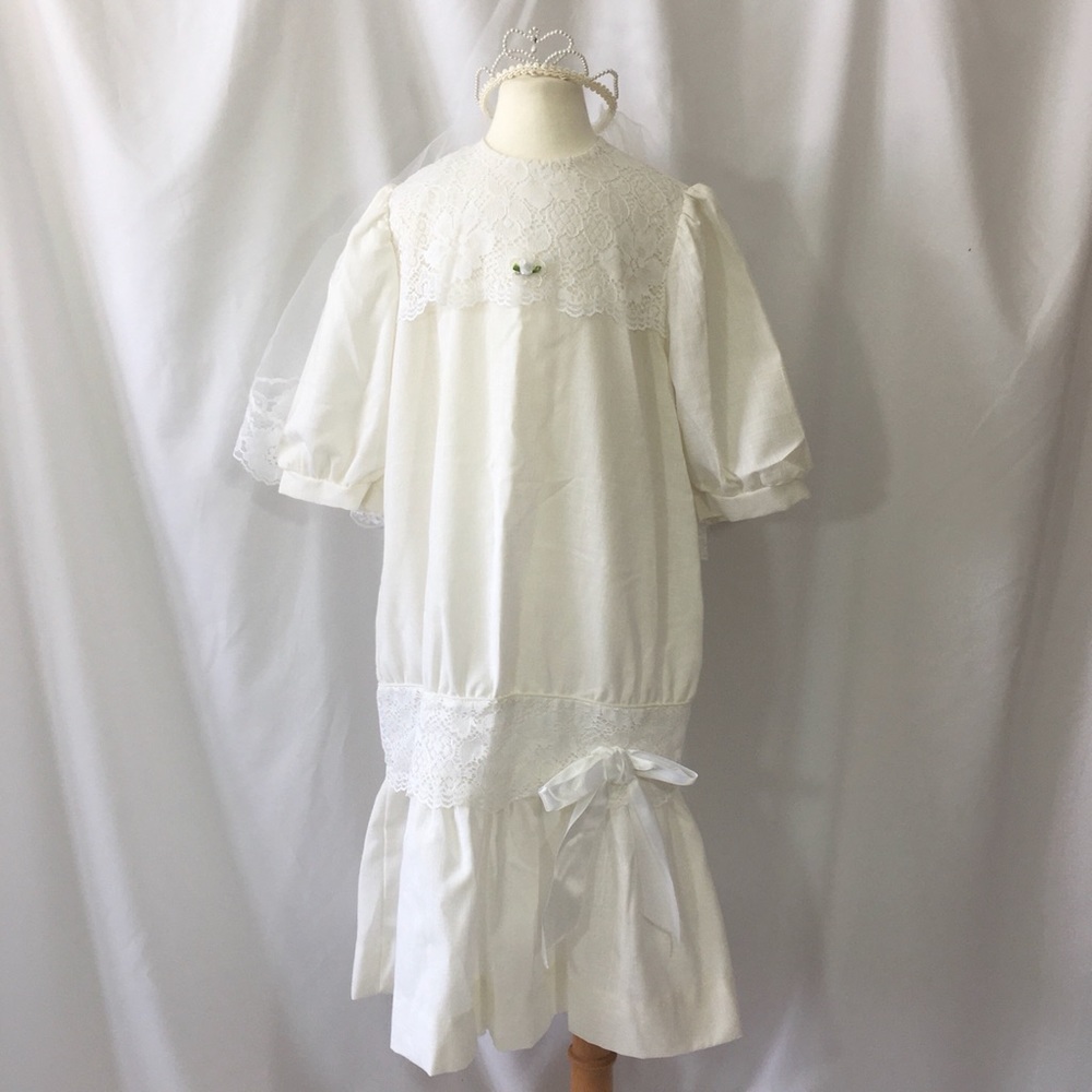 Vintage 80s Just Peachy White Dress Communion Veil